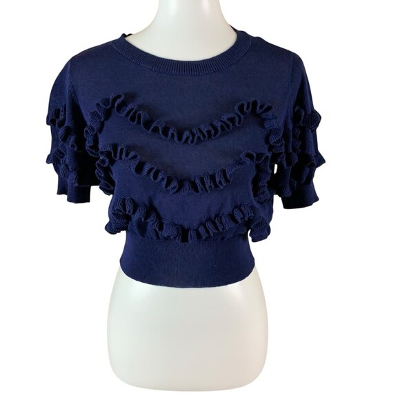 Lucy Paris Navy Ruffle Knit Sweater Top XS Cottagecore Parisian Romantic Chic - Picture 1 of 5